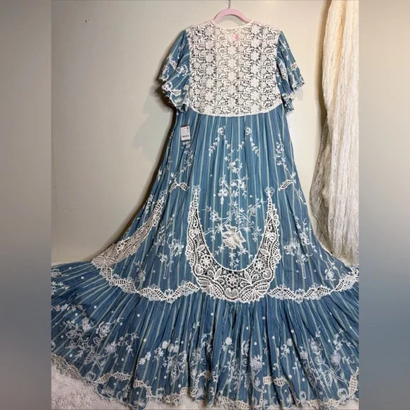 Free People Blue Bonnet Ethereal Cutwork Embroidered Lace Striped Maxi Dress  M - www.buildwithchirag.com